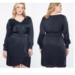 Plus Size Eloquii Navy Satin Faux Wrap Long Sleeve Dress - Size 24​​​​​​